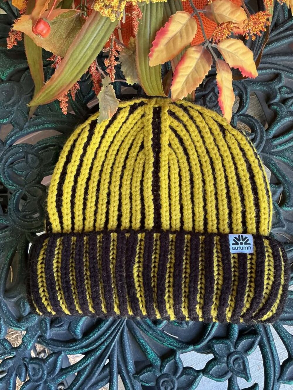 Autumn Striped Knit Beanie Hat Yellow Brown Ribbed Cuff